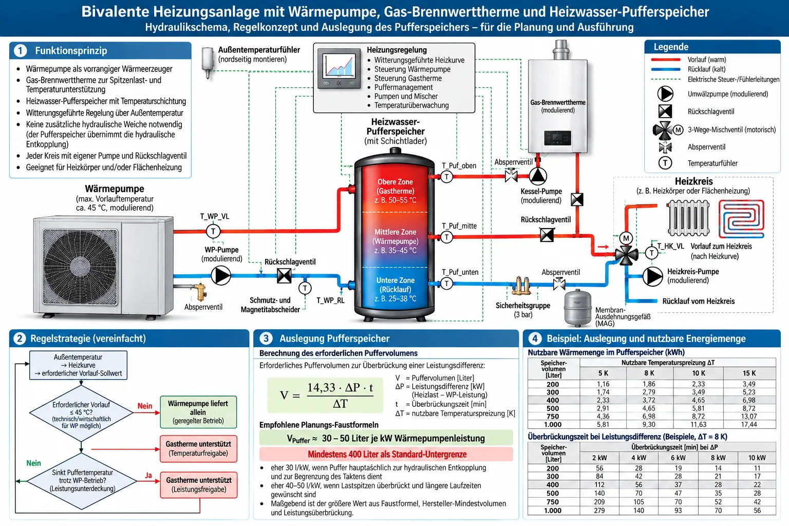 Bivalente Heizungsanlage mit Wärmepumpe, Gas-Brennwerttherme und Heizwasser-Pufferspeicher: Hydraulikschema, Regelstrategie und Auslegung des Pufferspeichers