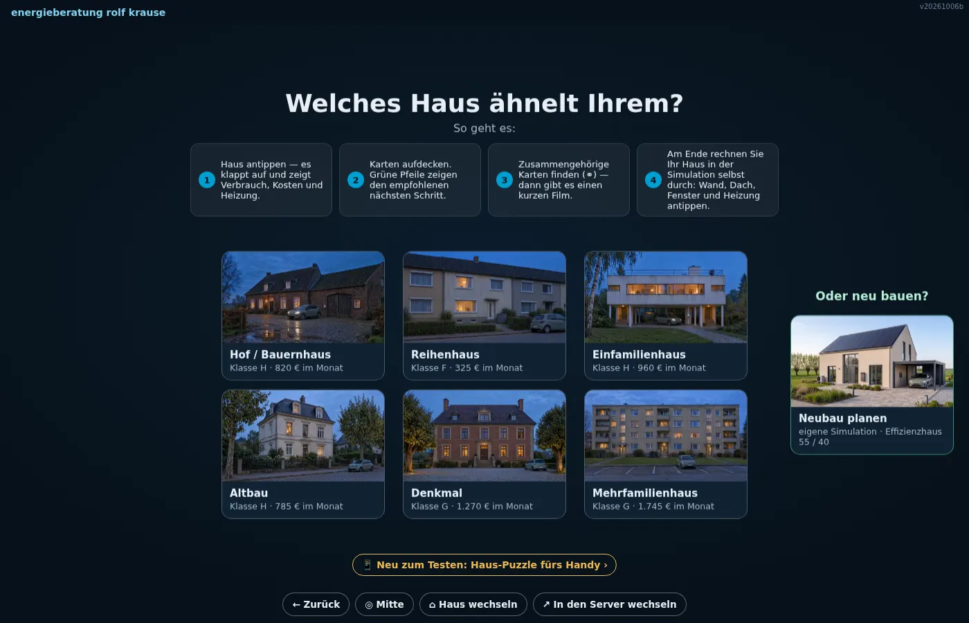 Startbrett des Memorys: sieben Modellhäuser und der eigene Neubau-Einstieg.