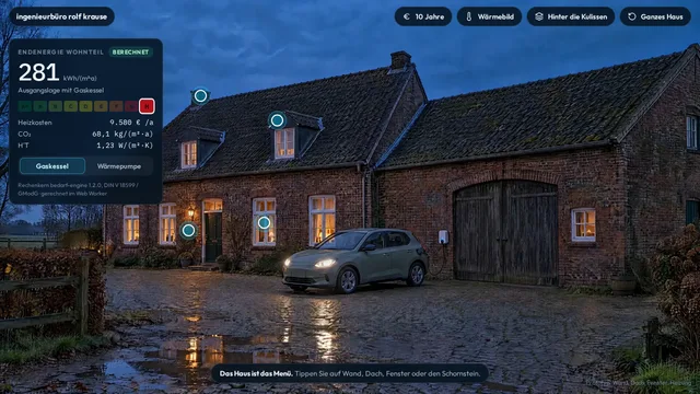 Der Hof am Abend mit Bilanz und antippbaren Bauteilen