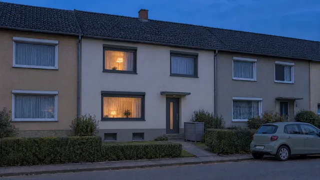 Reihenmittelhaus der 1970er zwischen unsanierten Nachbarn, abends