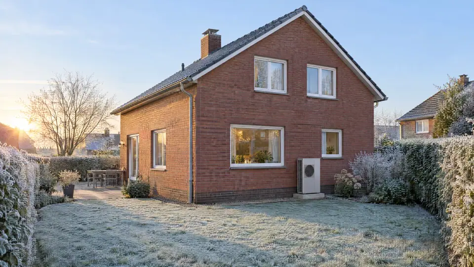 Freistehendes Einfamilienhaus aus Backstein an einem Frostmorgen