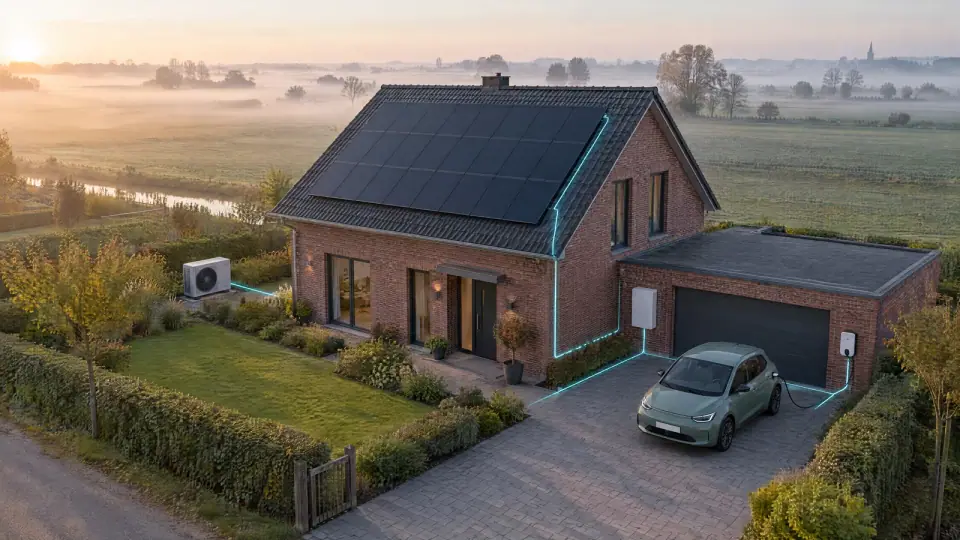 Saniertes Haus von oben: Photovoltaik, Wärmepumpe, Speicher und Elektroauto an der Wallbox