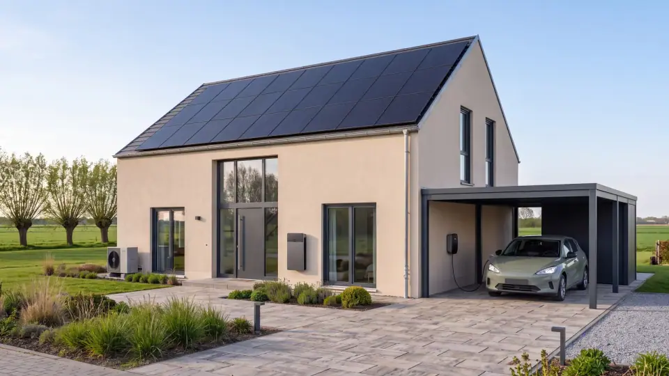 Neubau mit Satteldach, PV, Wärmepumpe und Carport