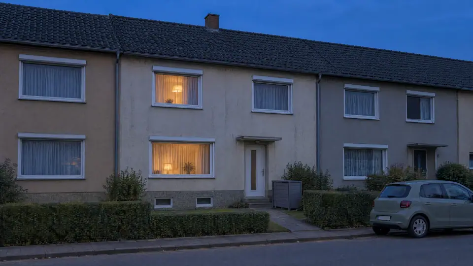 Reihenmittelhaus der 1970er zwischen den Nachbarhäusern, abends